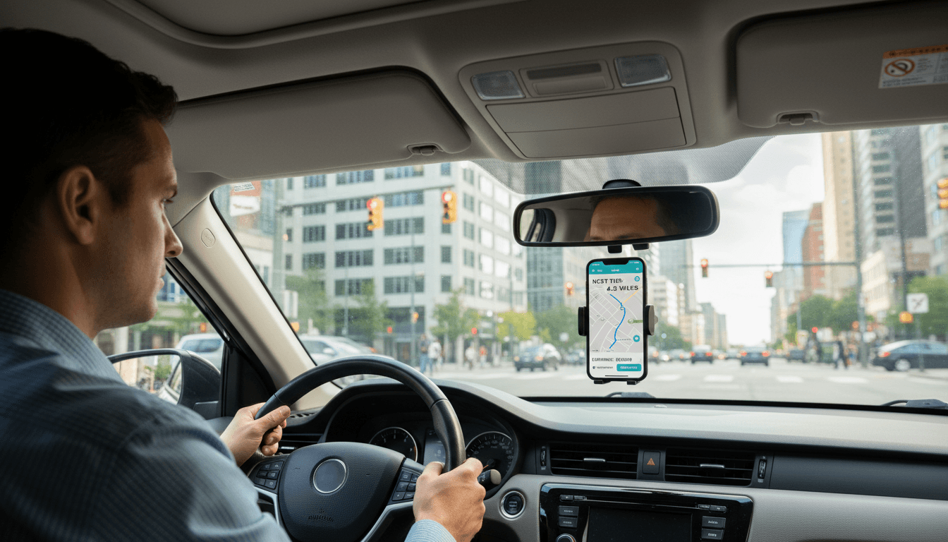 Ride-sharing driver inside sedan at urban intersection with smartphone mounted on windshield showing navigation and trip management app Ride-sharing driver inside sedan at urban intersection with smartphone mounted on windshield showing navigation and trip management app